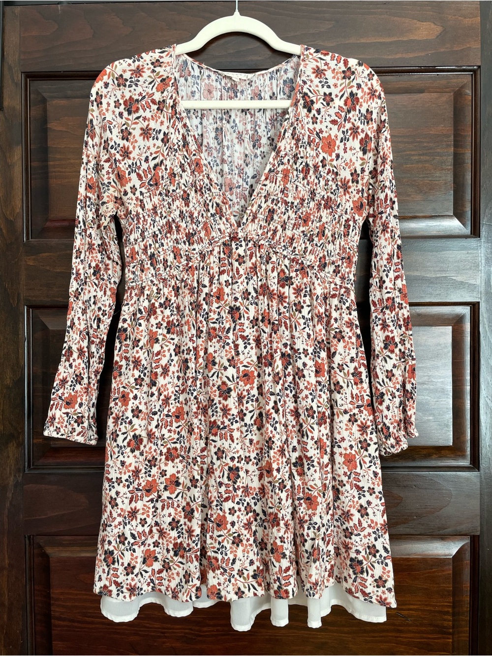 Promesa Rust & Cream Floral V-Neck Long Sleeve Mini Dress